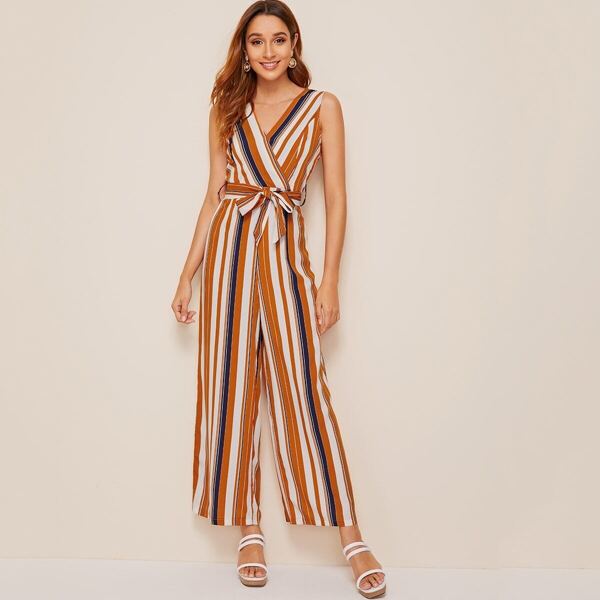 

Surplice Front Striped Belted Jumpsuit