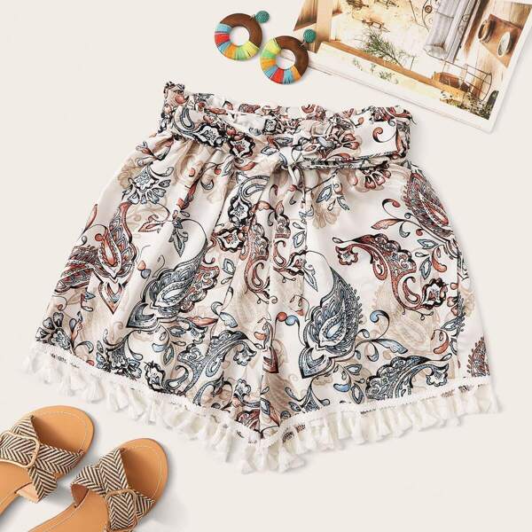

Tribal Print Fringe Hem Belted Short, Multicolor