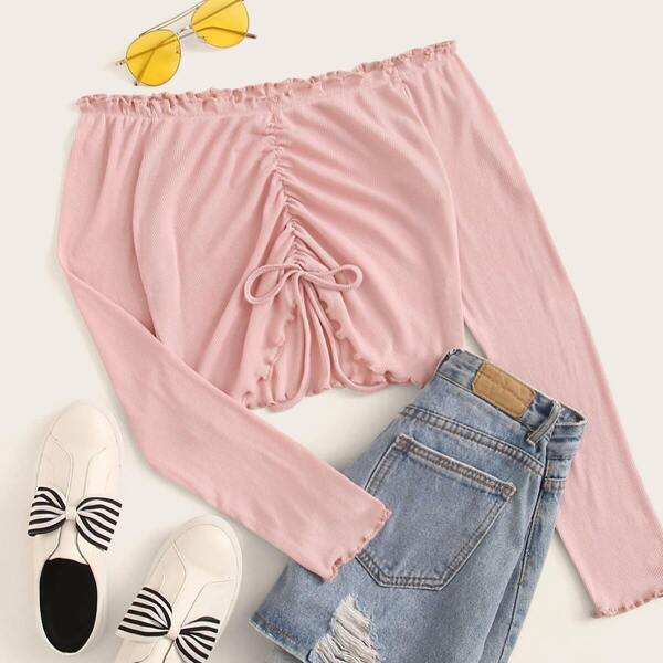 

Off The Shoulder Drawstring Frill Trim Tee