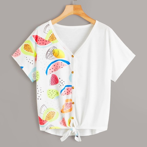 

Fruit Print Knot Hem Button Front Tee
