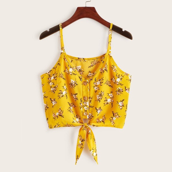 

Ditsy Floral Print Knot Hem Button Front Cami Top