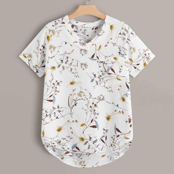 

Plus Dip Hem Floral Print Blouse, White