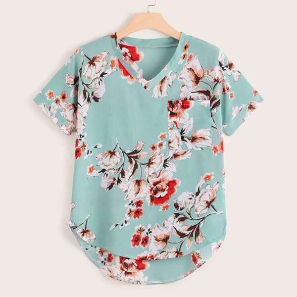 

Plus Dip Hem Floral Print Blouse