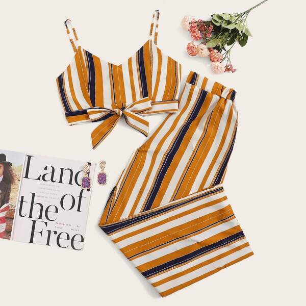 

Striped Knot Hem Crop Cami Top With Pants