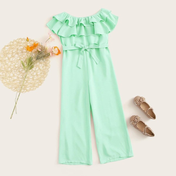 

Girls Layered Ruffle Foldover Belted Jumpsuit, Green