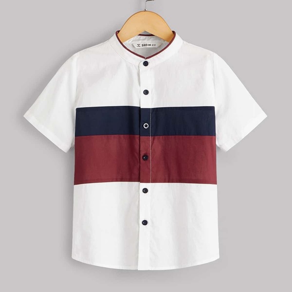 

Boys Button Front Colorblock Panel Shirt, White