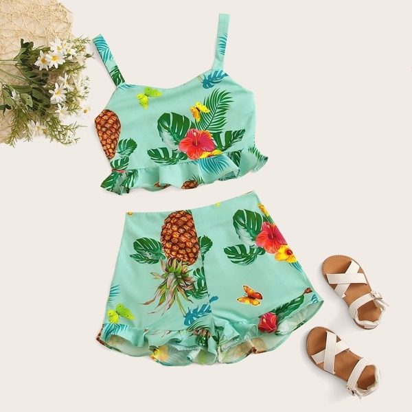 

Girls Tropical Zip Front Ruffle Hem Top & Shorts Set