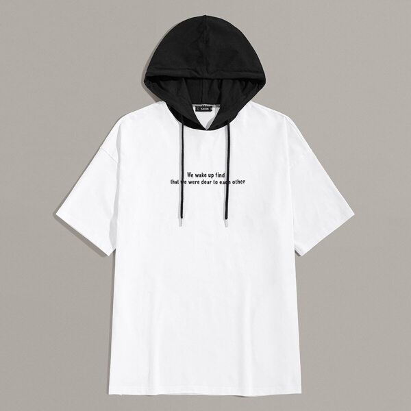 

Men Slogan Print Contrast Drawstring Hoodie Top