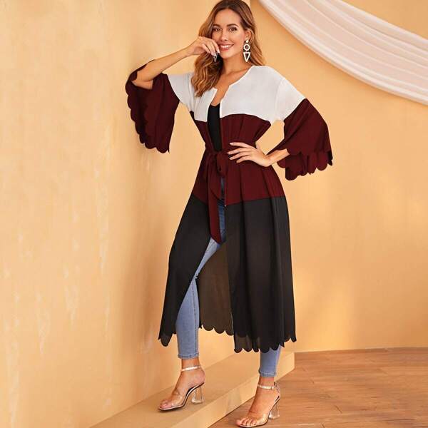 

Color Block Scallop Trim Belted Abaya, Multicolor