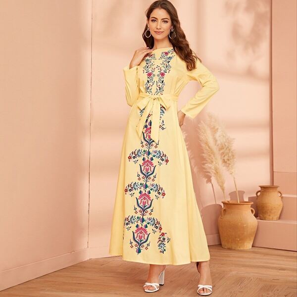 Floral Print Belted Long Dress, Yellow