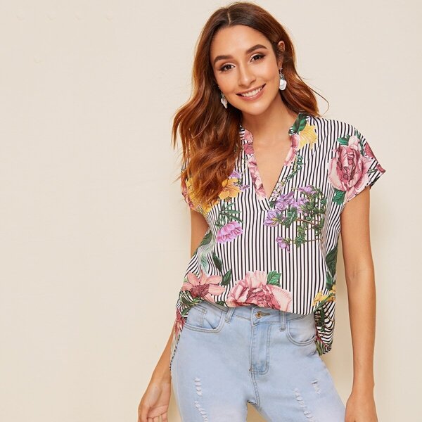 

Notch Neck Striped and Floral Print Top