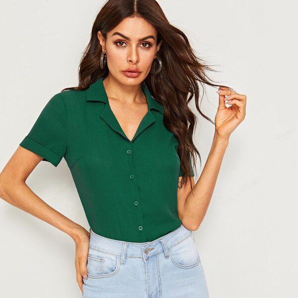 

Revere Collar Button Up Blouse, Green