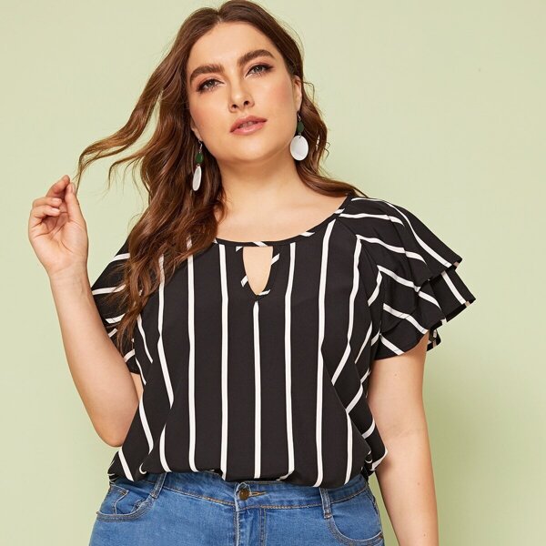 

Plus Layered Raglan Sleeve Striped Peekaboo Top