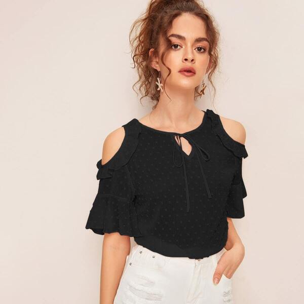 

Cold Shoulder Tie Neck Peekaboo Swiss Dot Top