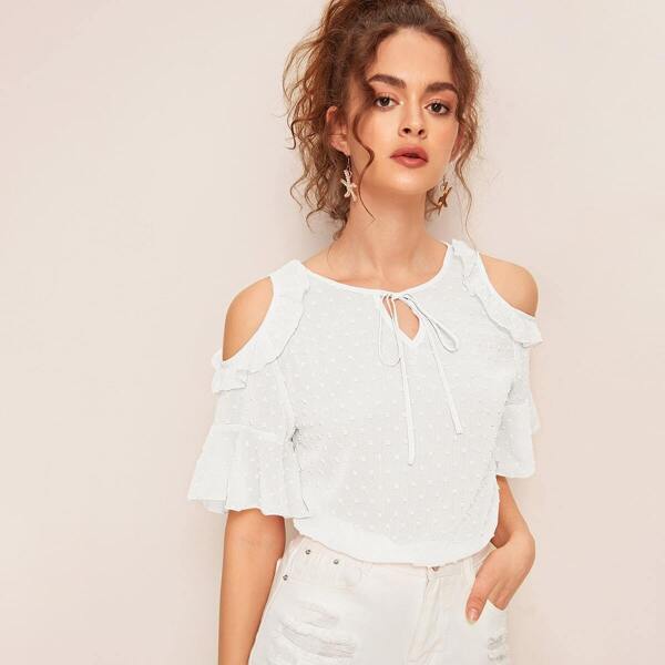 Tie Neck Cold Shoulder Ruffle Swiss Dot Top