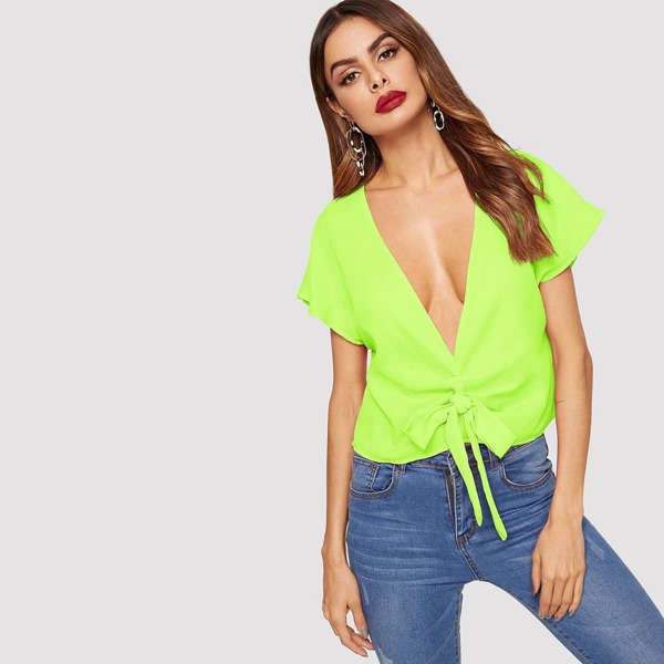 

Neon Lime Plunging Neck Tie Front Top