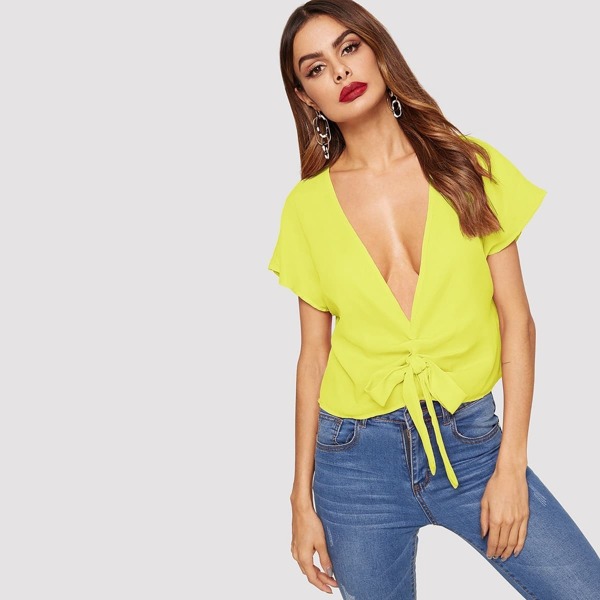 

Neon Yellow Plunging Neck Tie Front Top