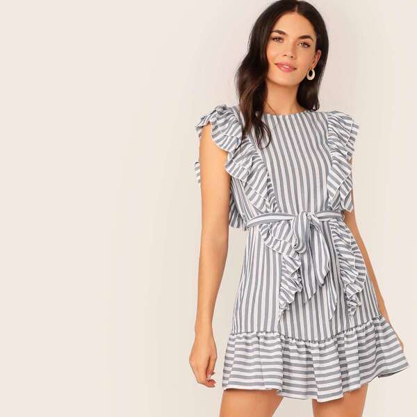 

Split Back Ruffle Trim Belted Striped Dress