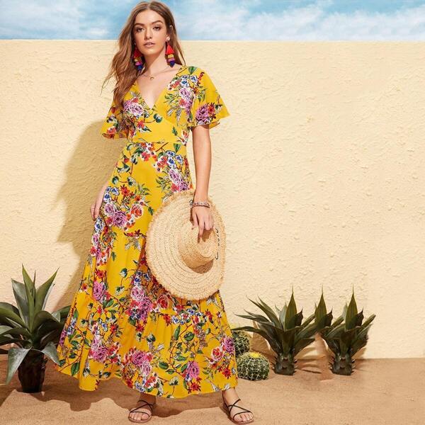 

Floral Print Flutter Sleeve Wide Waistband Dress, Yellow