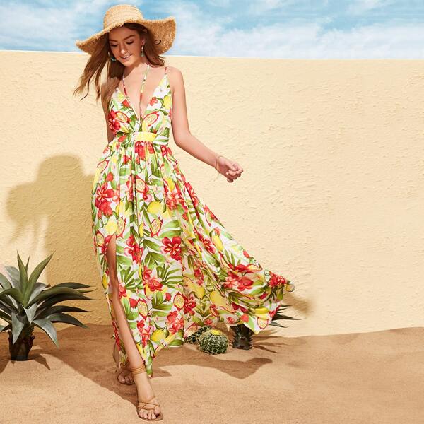 

Plunging Neck Split Thigh Crisscross Back Halter Slip Dress, Multicolor