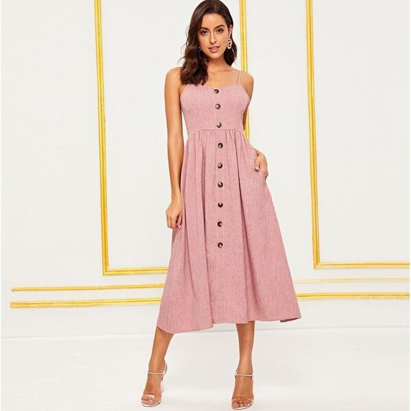 

Button Front Textured Cami Dress, Pink