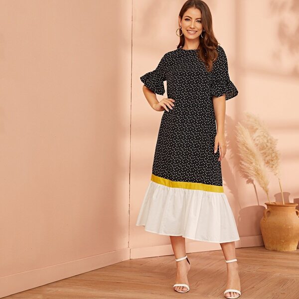 

Confetti Heart Print Ruffle Cuff Colorblock Dress, Black