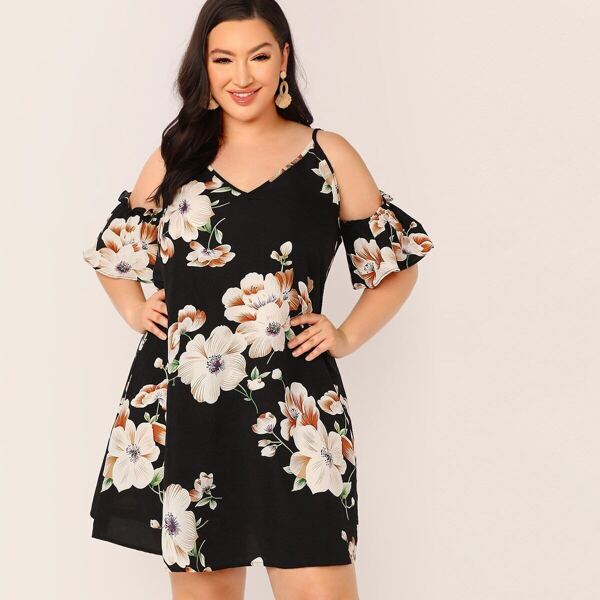 

Plus Cold Shoulder Floral Print Dress, Black