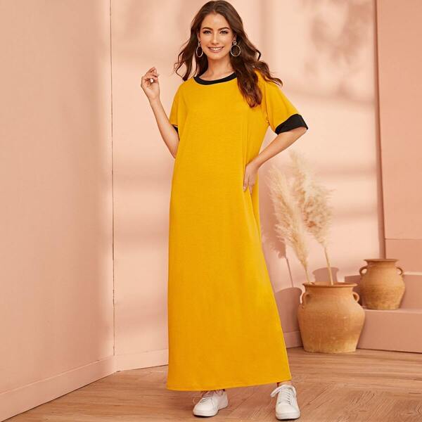 

Contrast Neck and Cuff Maxi Dress, Yellow