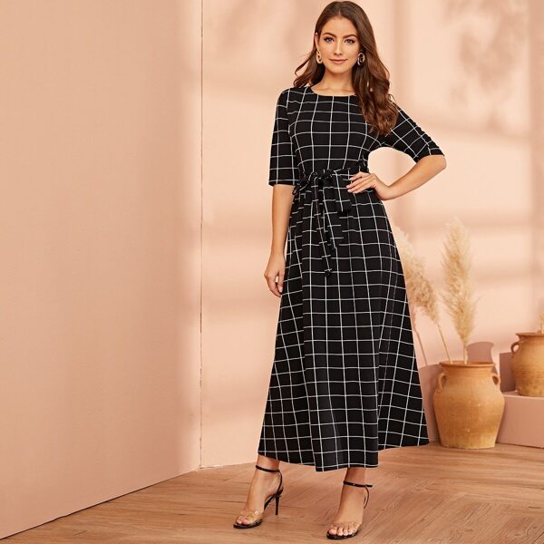 

Half Sleeve Belted Grid Dress, Black