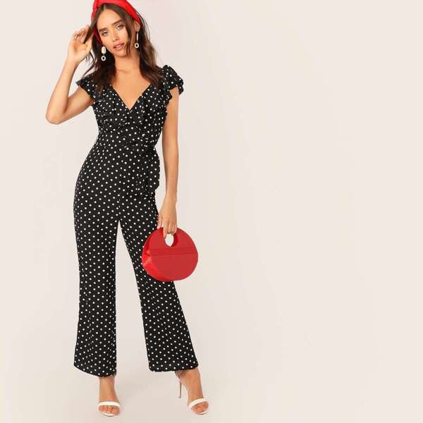 

Surplice Neck Ruffle Trim Knot Flare Leg Jumpsuit