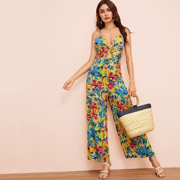 

Twist Front Peekaboo Wide Leg Tropical Print Cami Jumpsuit