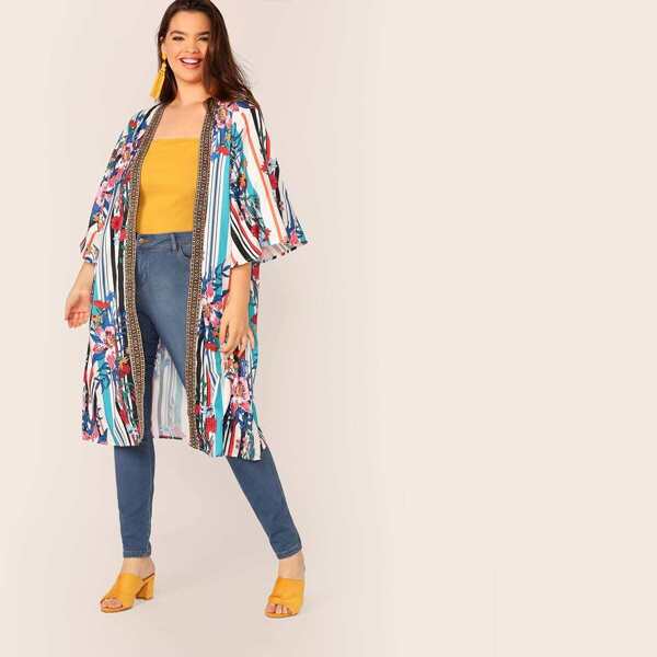 

Plus Striped & Floral Print Kimono