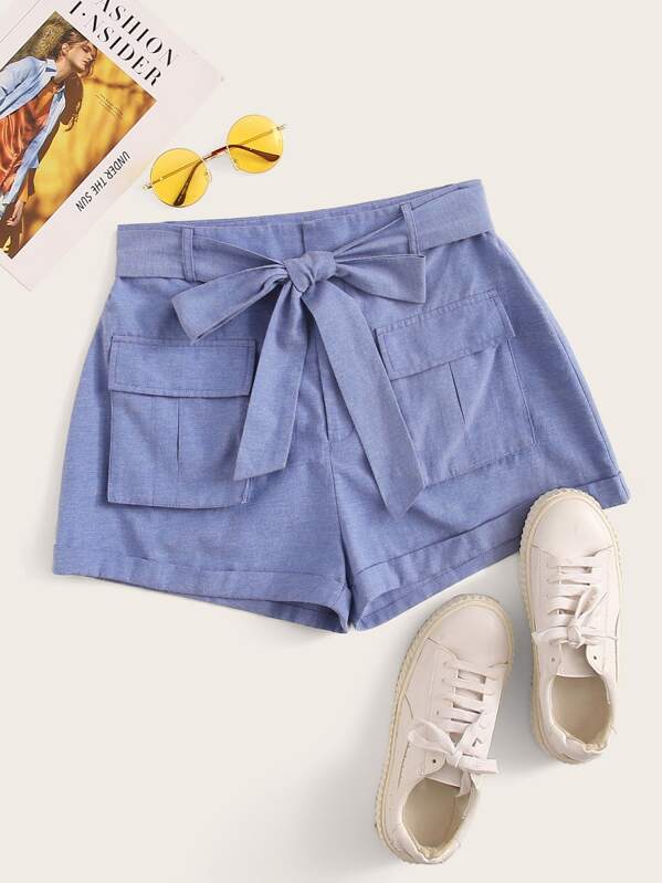 

Flap Pocket Front Self Belted Shorts, Blue