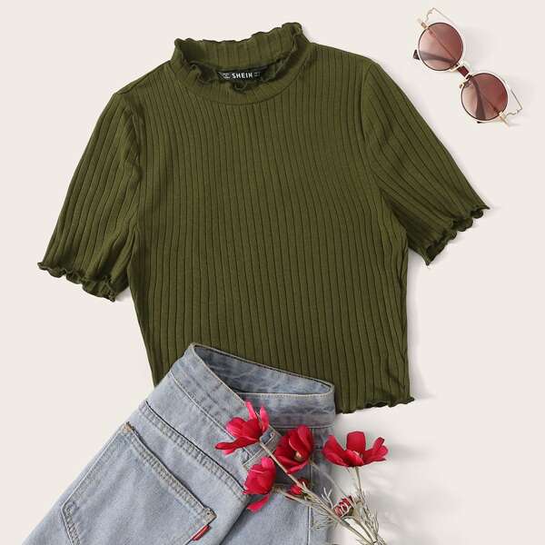 

Mock Neck Lettuce Trim Rib-knit Top, Army green