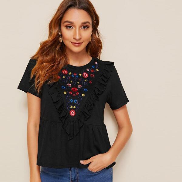 

Ruffle Trim Embroidery Peplum Top, Black