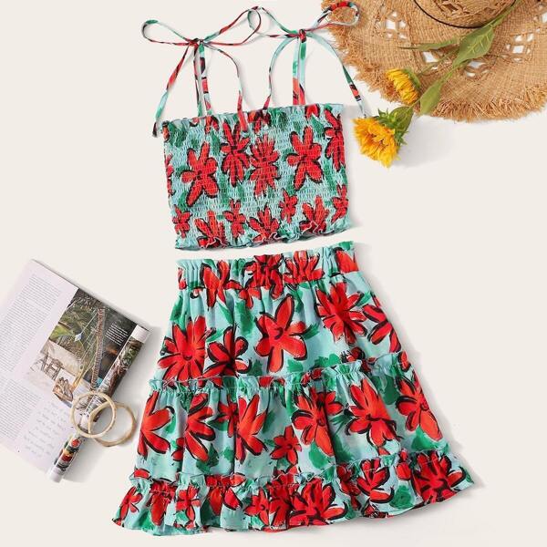 

Tie Strap Shirred Floral Cami Top & Layered Frilled Skirt Set, Multicolor