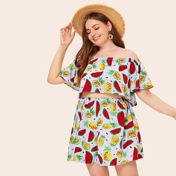 

Plus Fruit Print Bardot Top and Shorts Set, Multicolor