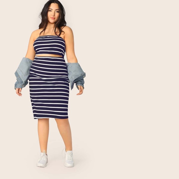 

Plus Striped Bandeau Top & Split Hem Skirt Set, Navy