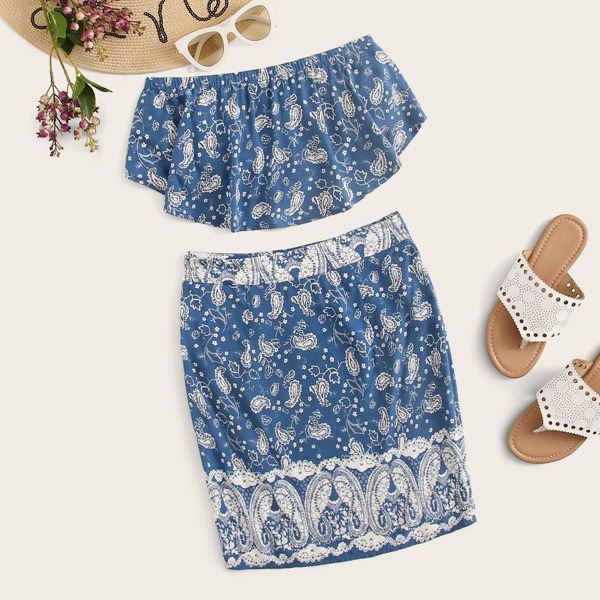 

Paisley Print Curved Hem Tube Top & Skirt Set, Blue