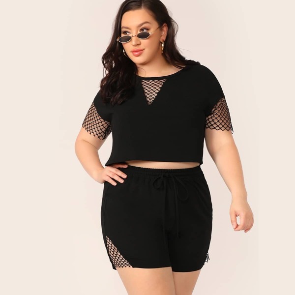 

Plus Fishnet Mesh Insert Top and Shorts Set, Black