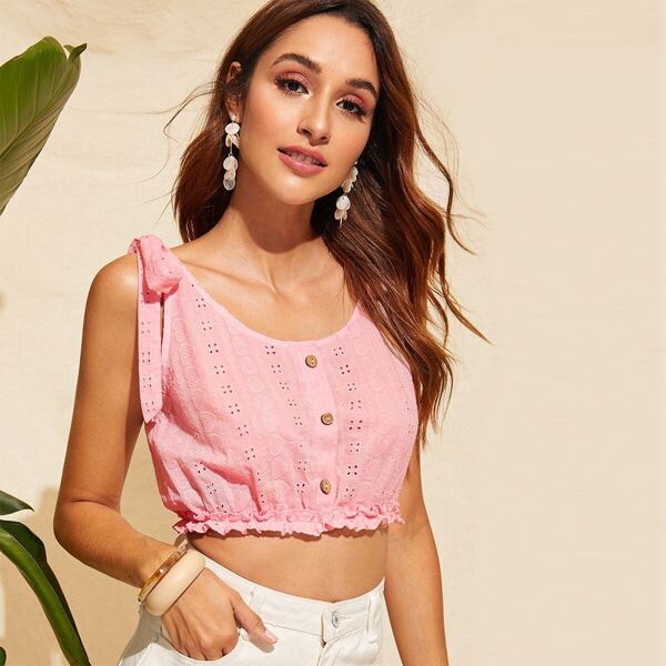 

Button Front Frill Trim Crop Schiffy Top, Pink pastel