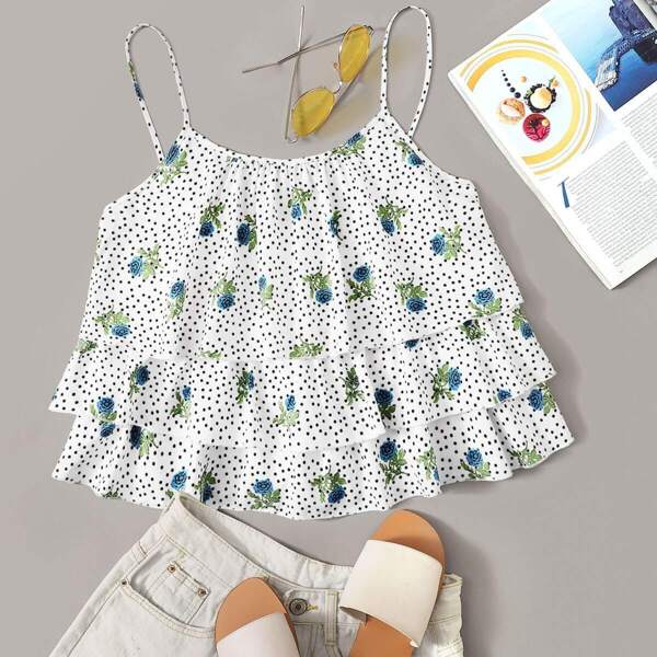 

Layered Ruffle Hem Ditsy Floral and Dot Cami Top, White