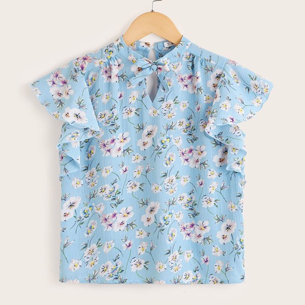 

Girls Floral Print Tie Neck Ruffle Armhole Blouse, Blue pastel