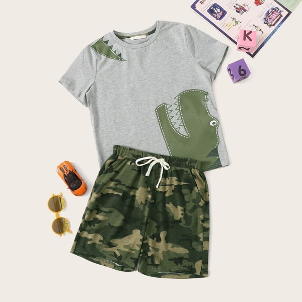 

Boys Animal Print Top and Drawstring Camo Shorts PJ Set, Multicolor