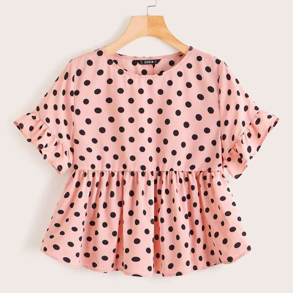 

Polka Dot Ruffle Cuff Smocked Blouse