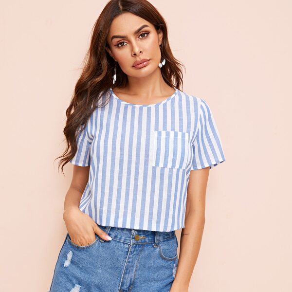 

Pocket Patched Button Back Striped Blouse, Blue and white