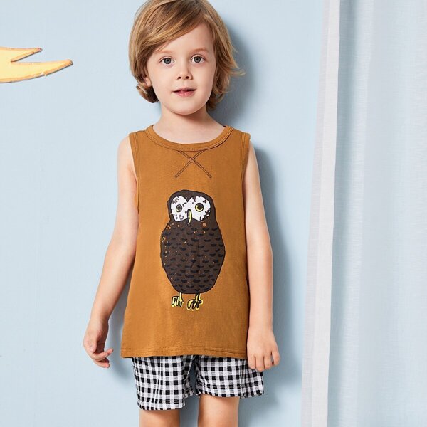 

Toddler Boys Owl Print Gingham Pajama Set