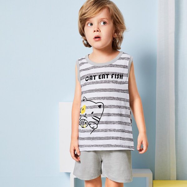 

Toddler Boys Cat Print Striped Pajama Set