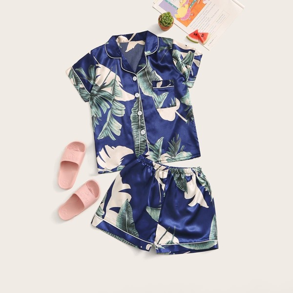 

Girls Tropical Print Satin Pajama Set, Multicolor