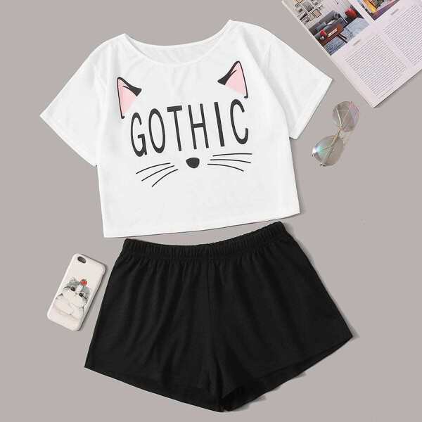 

Cat & Letter Print Pajama Set